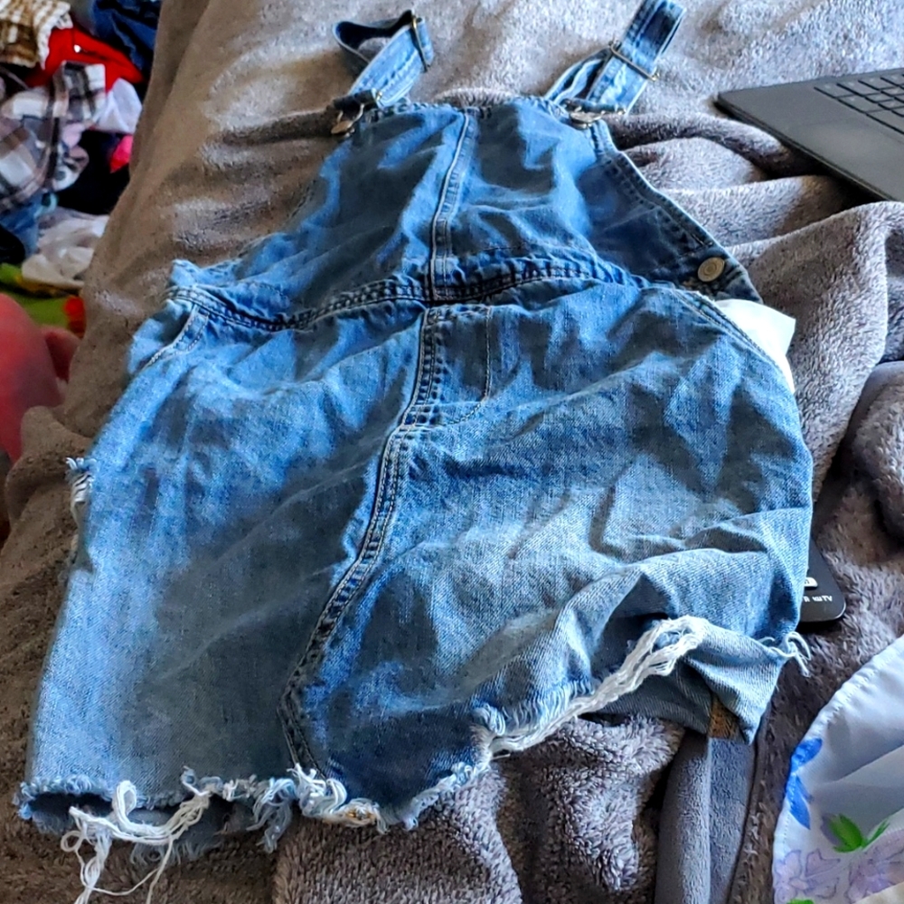 Ripped jean skirt overalls